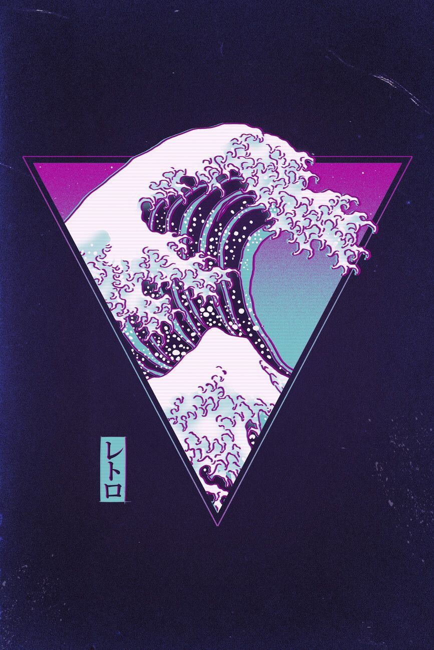 Aesthetic phone background of a triangle with a wave inside - Synthwave, The Great Wave off Kanagawa