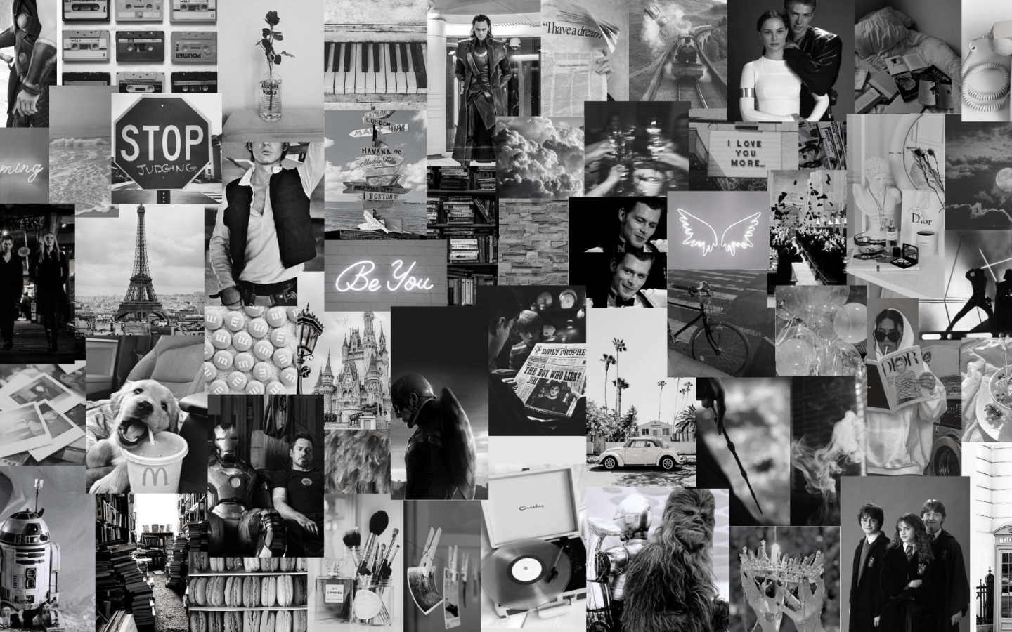 A collage of black and white photos, including stop signs, palm trees, and people. - Gray