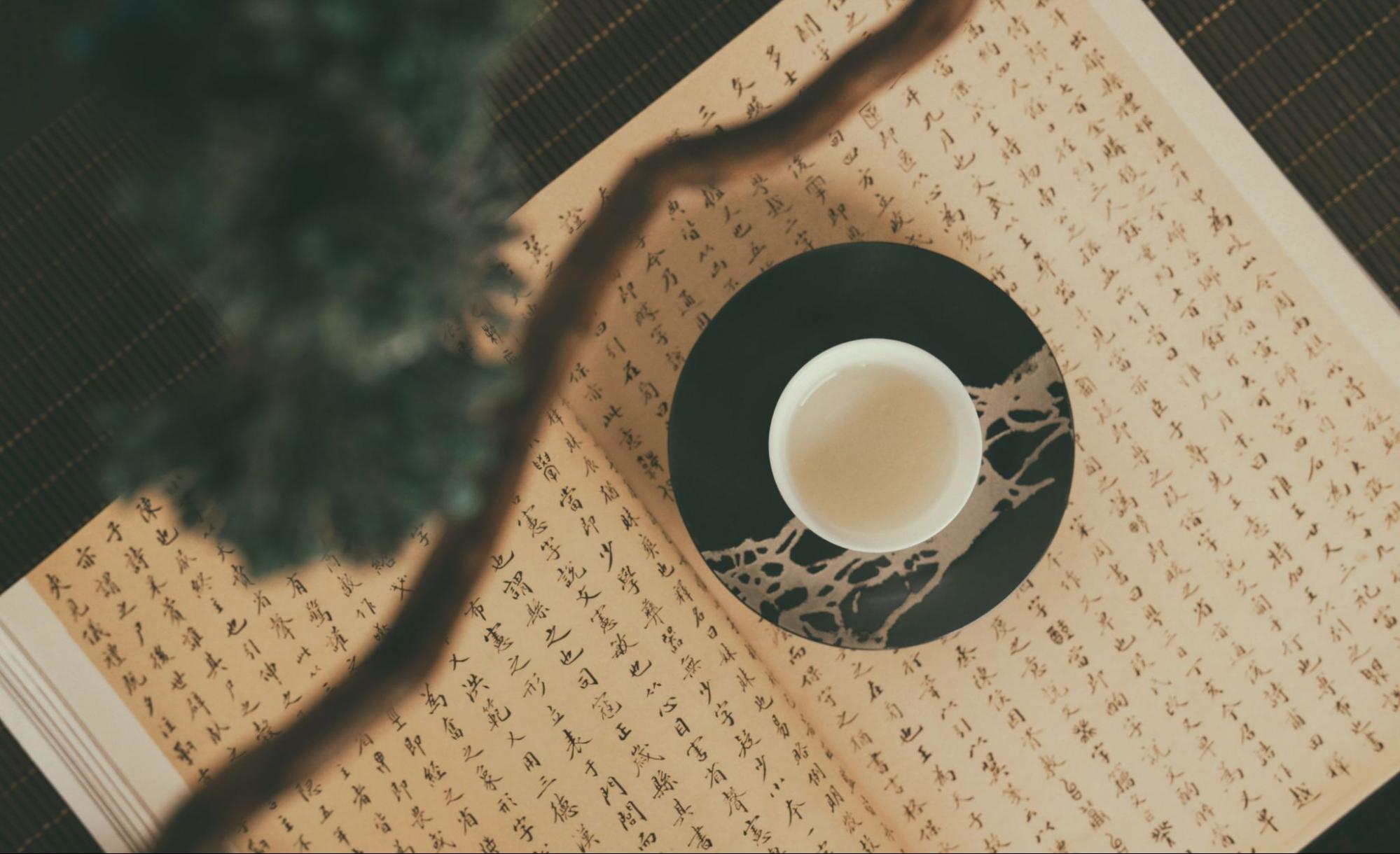 A cup of tea on a book with Chinese characters - Calligraphy