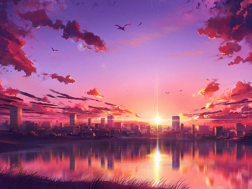 A beautiful anime sunset scene with a city by the lake. - Scenery