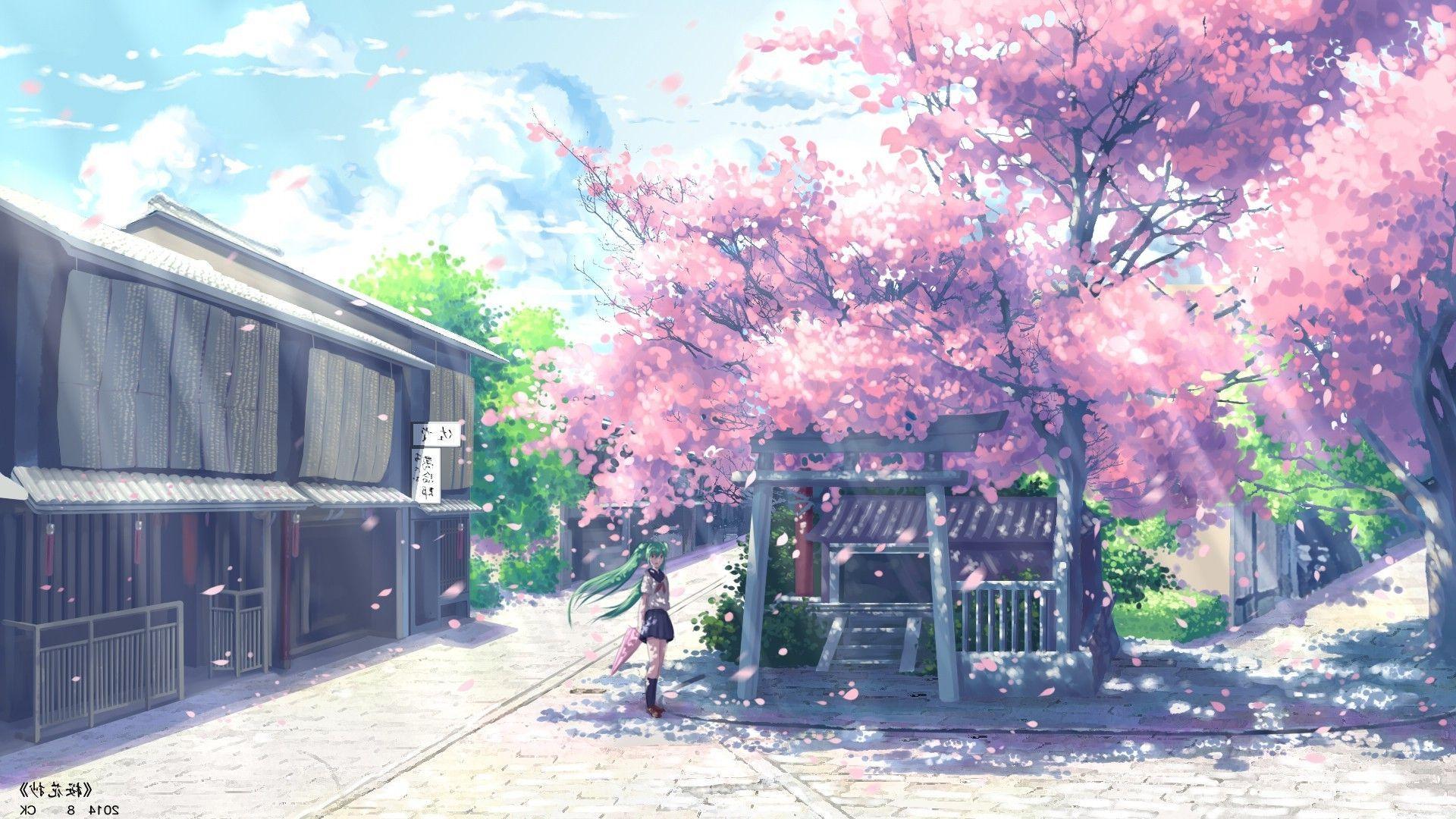 Anime girl in a cherry blossom tree in a small town - Anime, pink anime, anime landscape