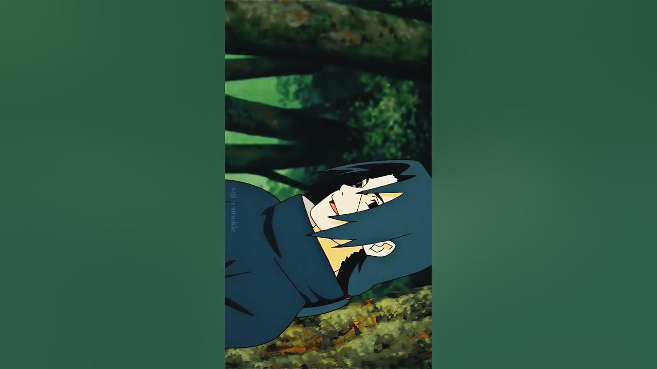 A dark green background with a picture of a man with black hair and a blue outfit laying on the ground - Sasuke Uchiha