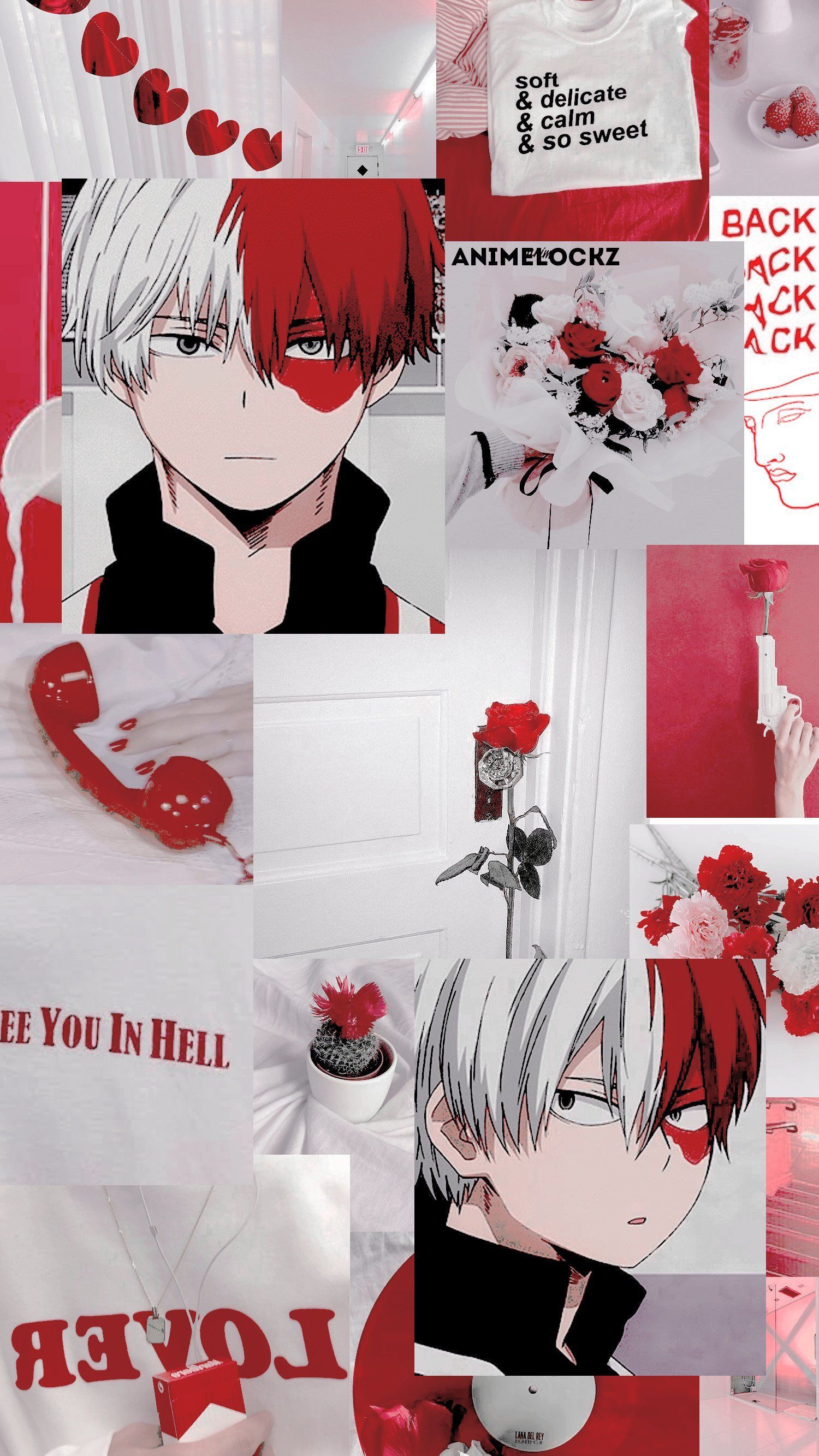 Aesthetic red and white anime wallpaper with pictures of anime characters and flowers - Shoto Todoroki