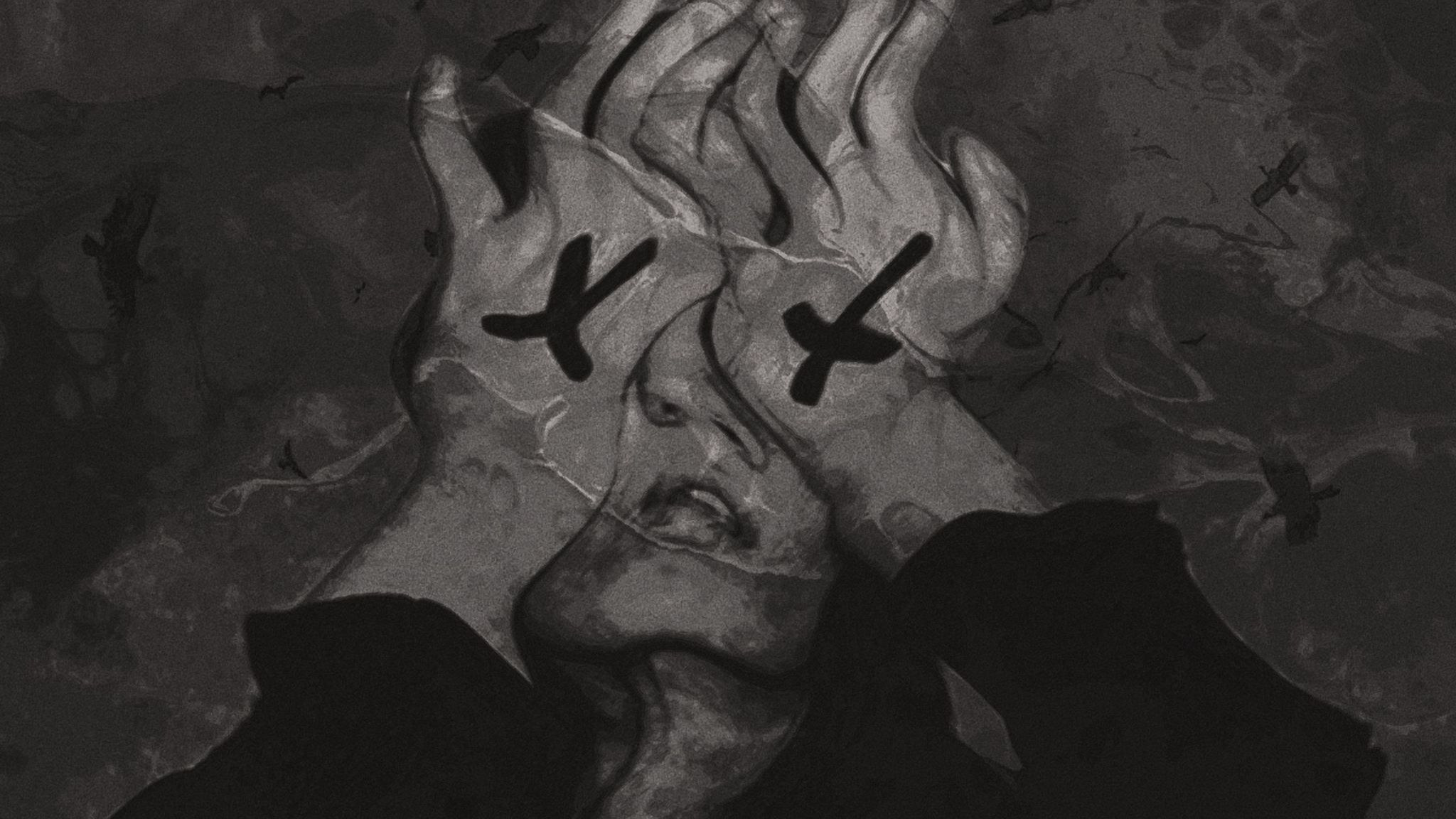 A black and white image of a face with hands covering the eyes and the word 