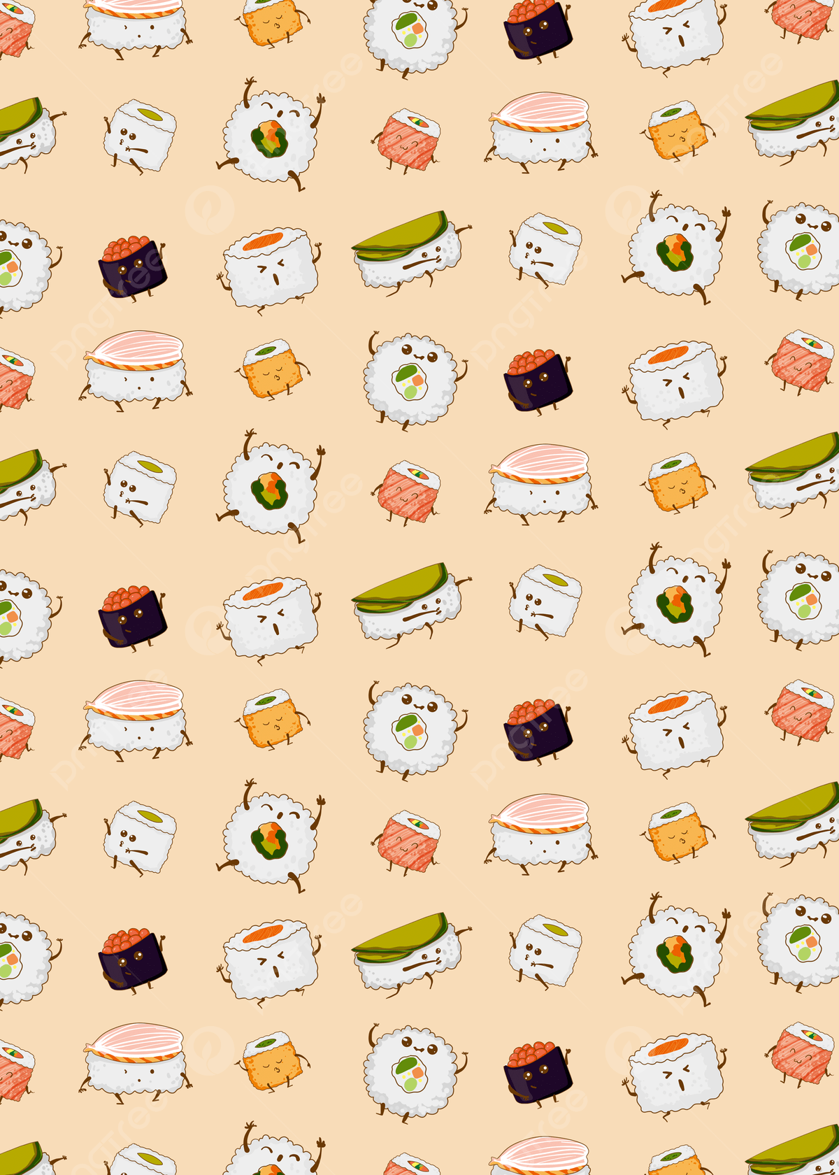 A pattern of sushi characters with various expressions and postures on a beige background. - Sushi