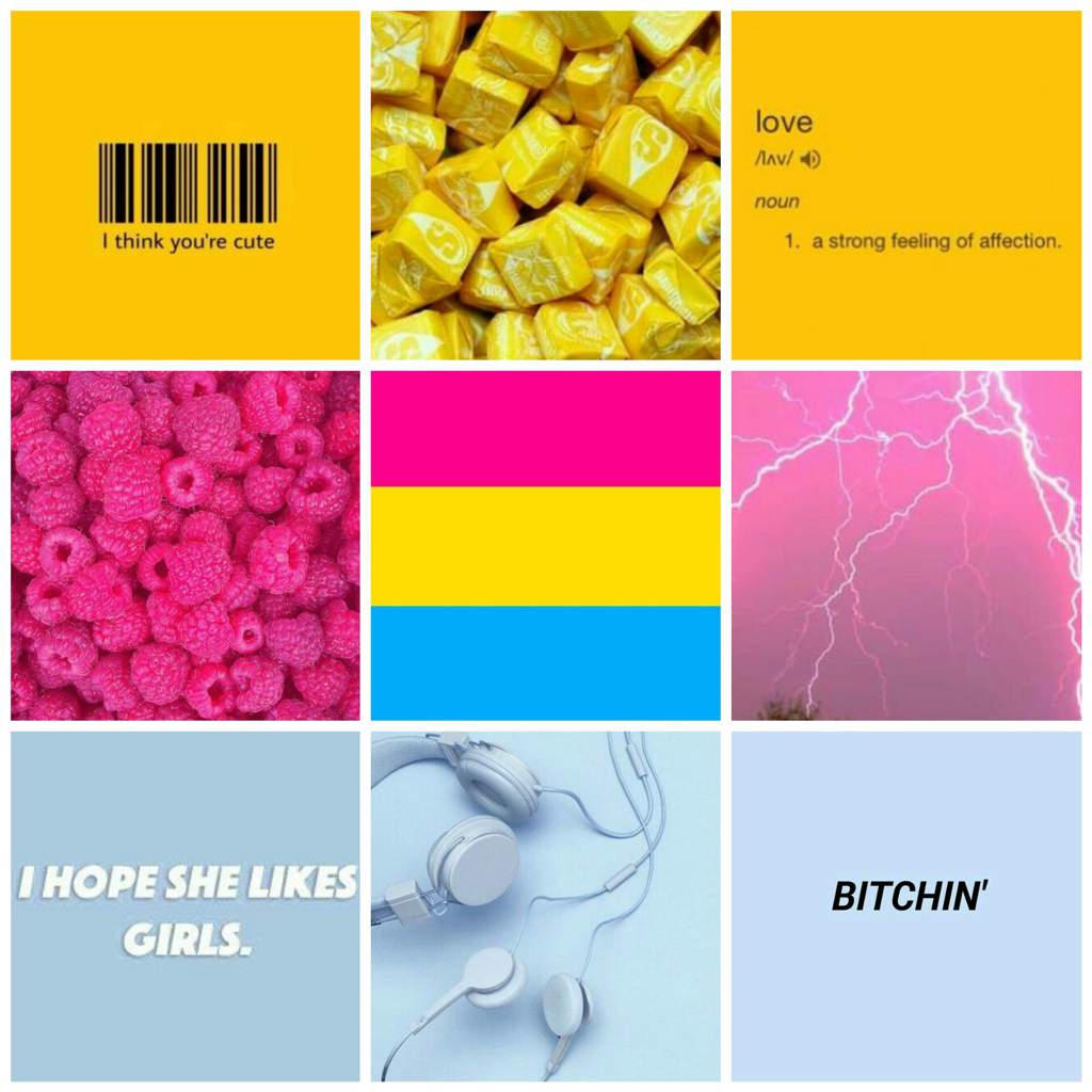 Pansexual pride flag on a yellow background with a grid of images including lightning, headphones, raspberries, and the words 