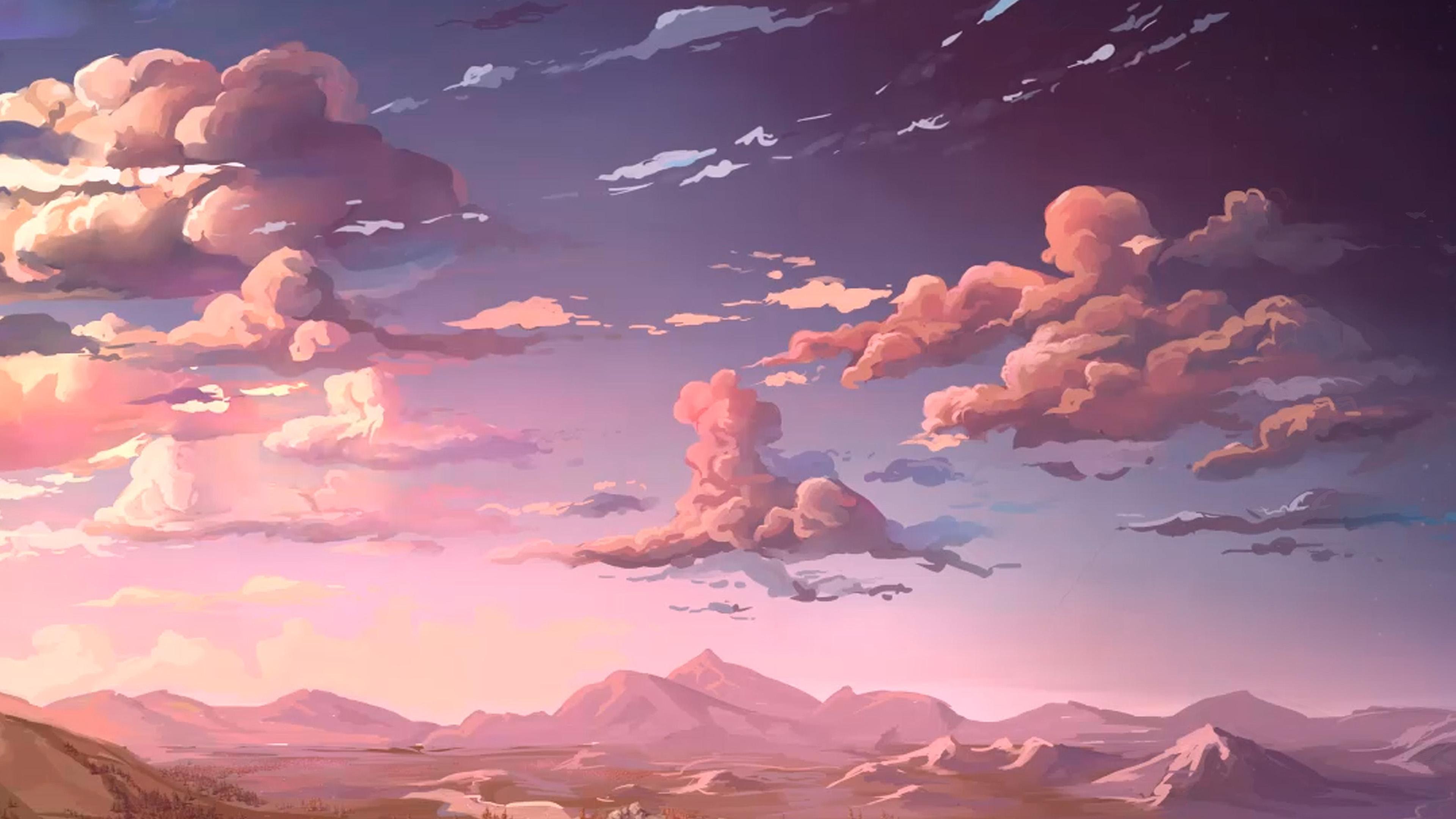 A landscape with clouds and mountains in the background - MacBook, 90s, 3840x2160, 90s anime, pink anime
