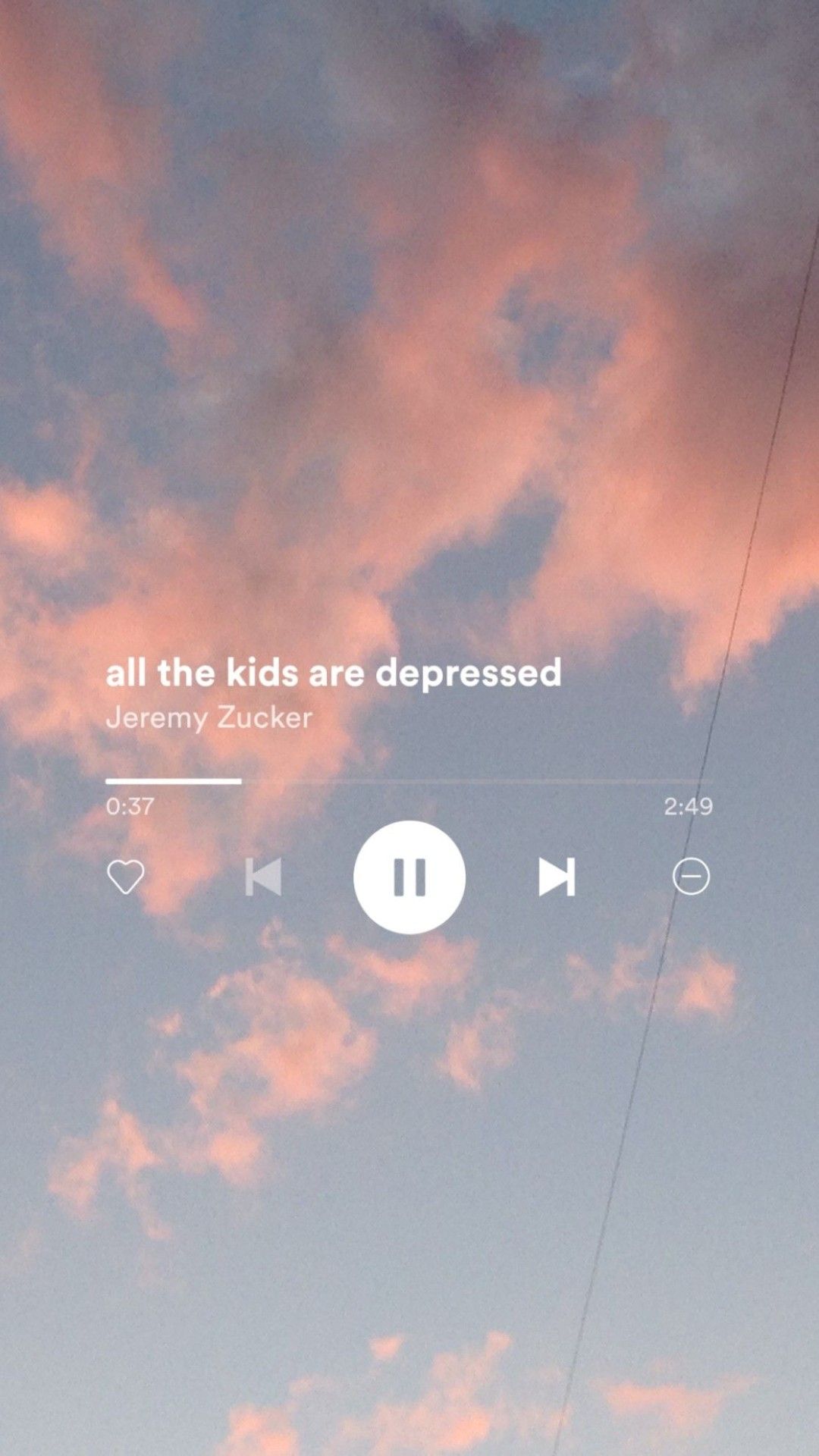 Aesthetic phone wallpaper of a cloudy sky with a song playing. - Depression