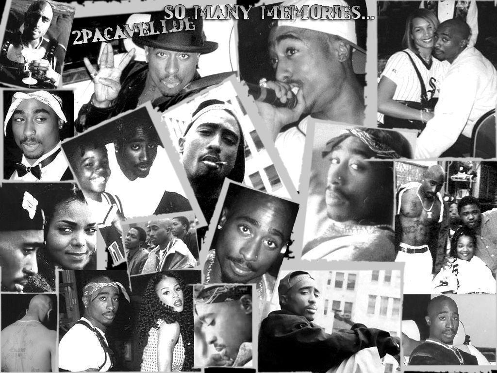 A collage of pictures of Tupac, some in black and white. - Tupac