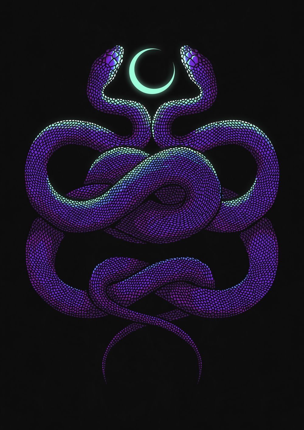 Purple snakes intertwined with a crescent moon - Snake