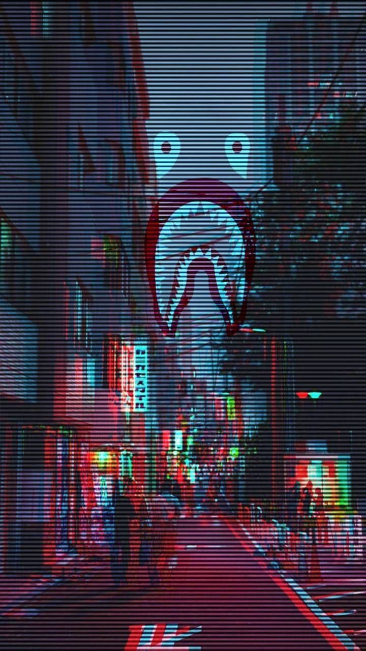 Shark head on a building in a city street - Glitch