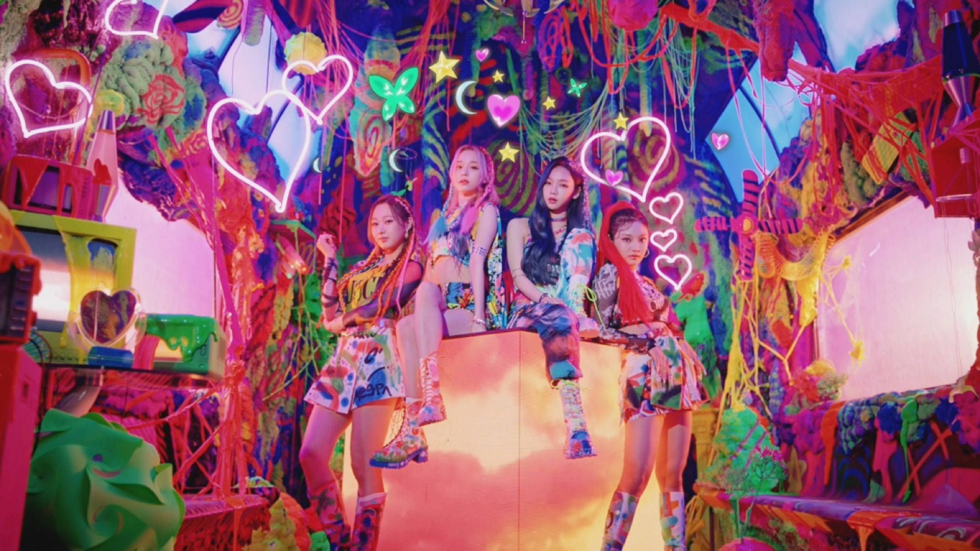 4 girls in a room with neon lights - Aespa