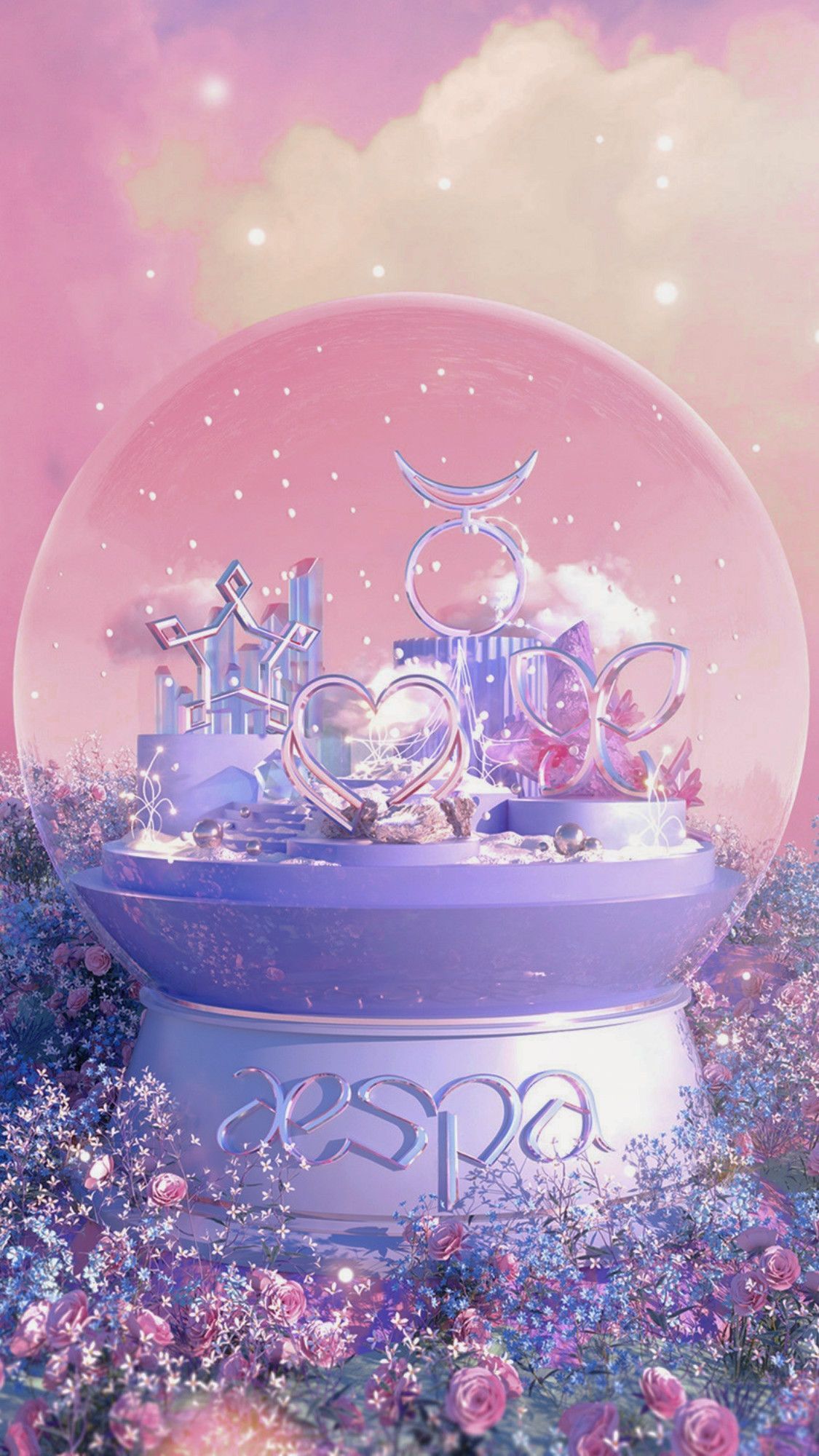 Aesthetic phone wallpaper of a pink and purple castle in a crystal ball - Aespa