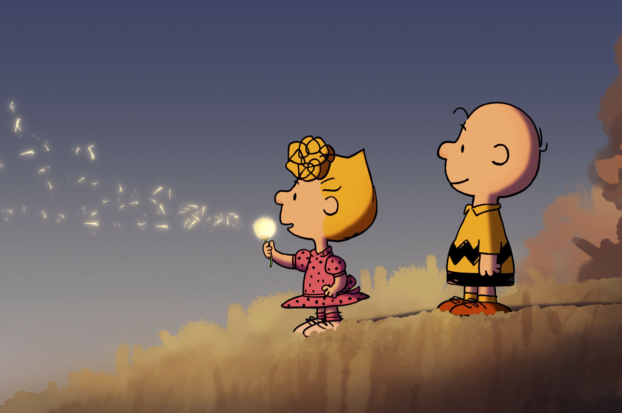 A cartoon of two people standing on top - Snoopy, Charlie Brown