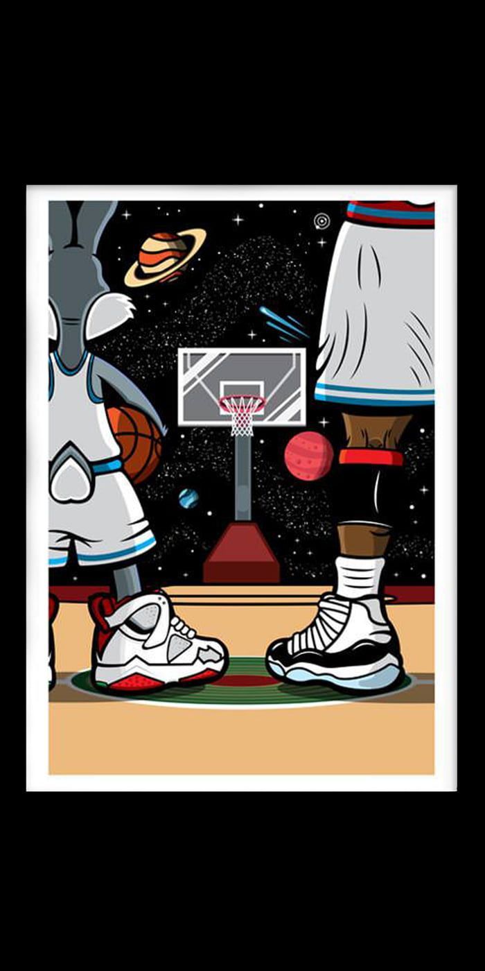 Cartoon drawing of two people playing basketball, one wearing a white and red pair of sneakers, the other wearing a black and white pair, cool nike backgrounds, space background - Looney Tunes