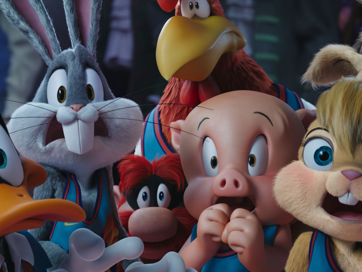 Bugs Bunny, Daffy Duck, Porky Pig, and other classic Looney Tunes characters are shown in a scene from the new animated movie Space Jam: A New Legacy. - Looney Tunes