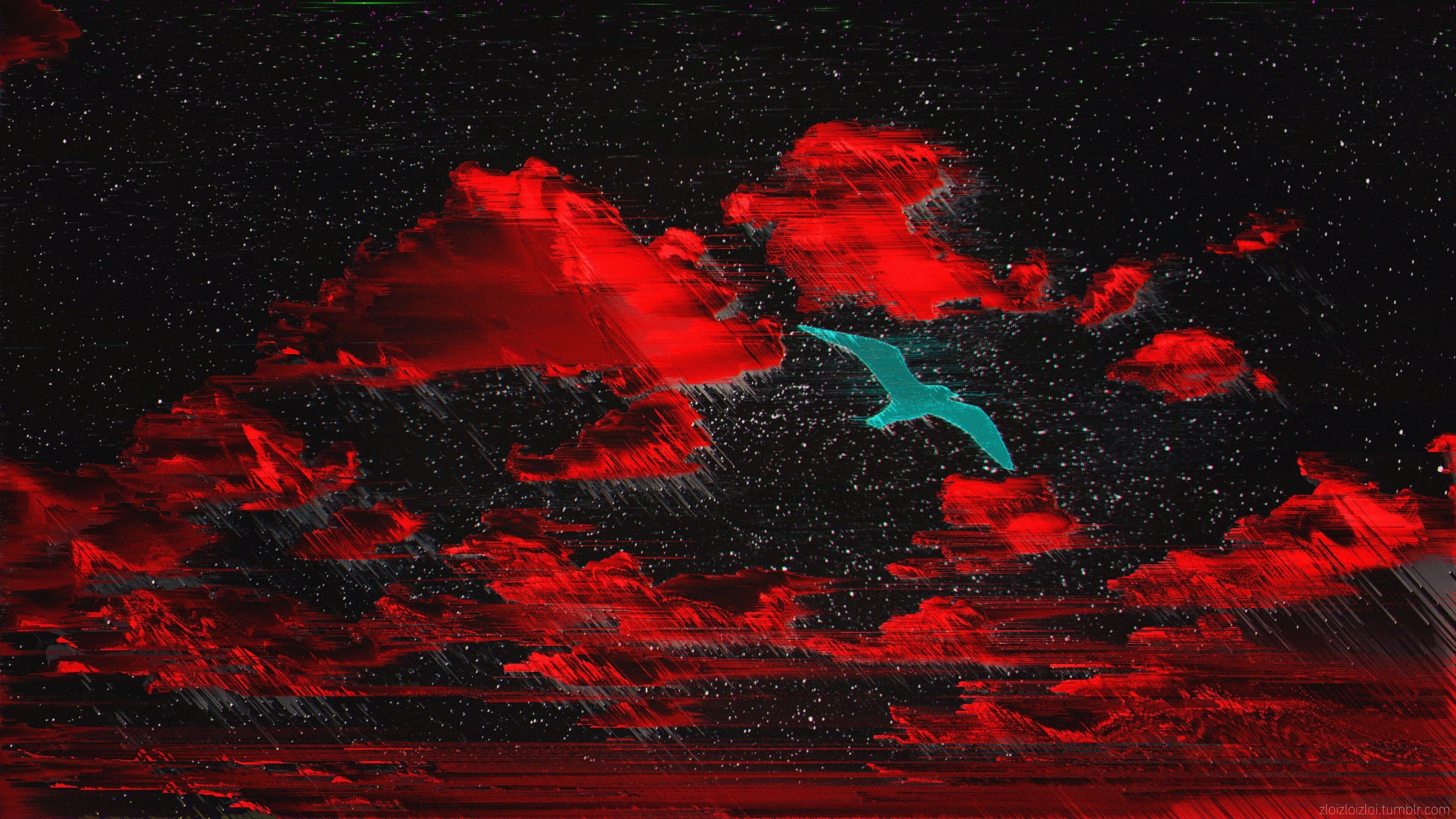 A digital painting of a bird flying through a red and black sky - Glitch