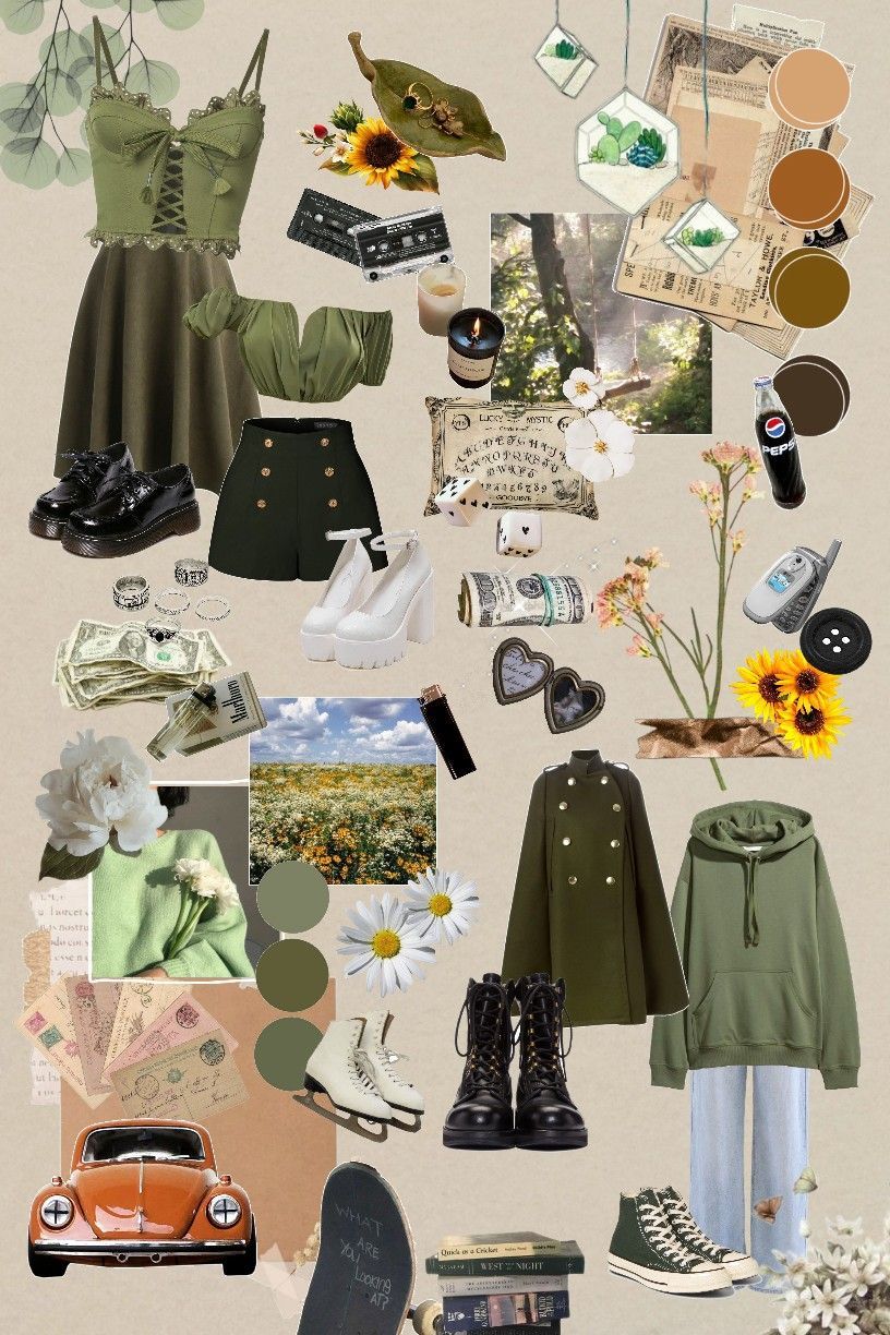 A collage of various items including shoes, dresses, bags, and flowers. - Witchcore