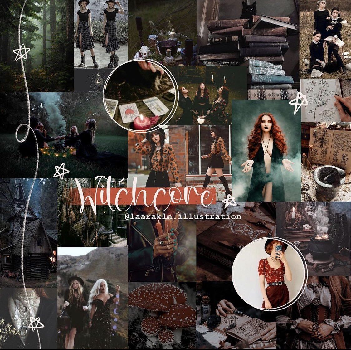 Witchcore moodboard featuring a collage of images of witches, spell books, mushrooms, trees, and other elements. - Witchcore