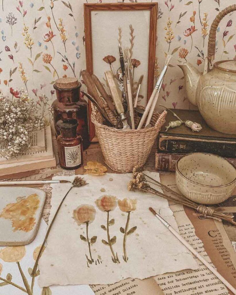 A desk with a painting of flowers, paintbrushes, and books. - Witchcore