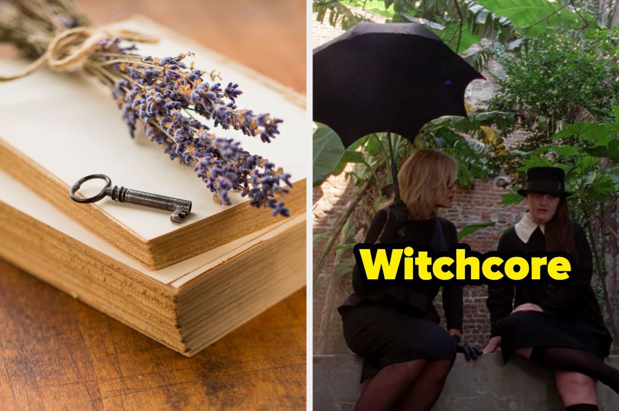 A book with a key on top of it and two women holding an umbrella - Witchcore