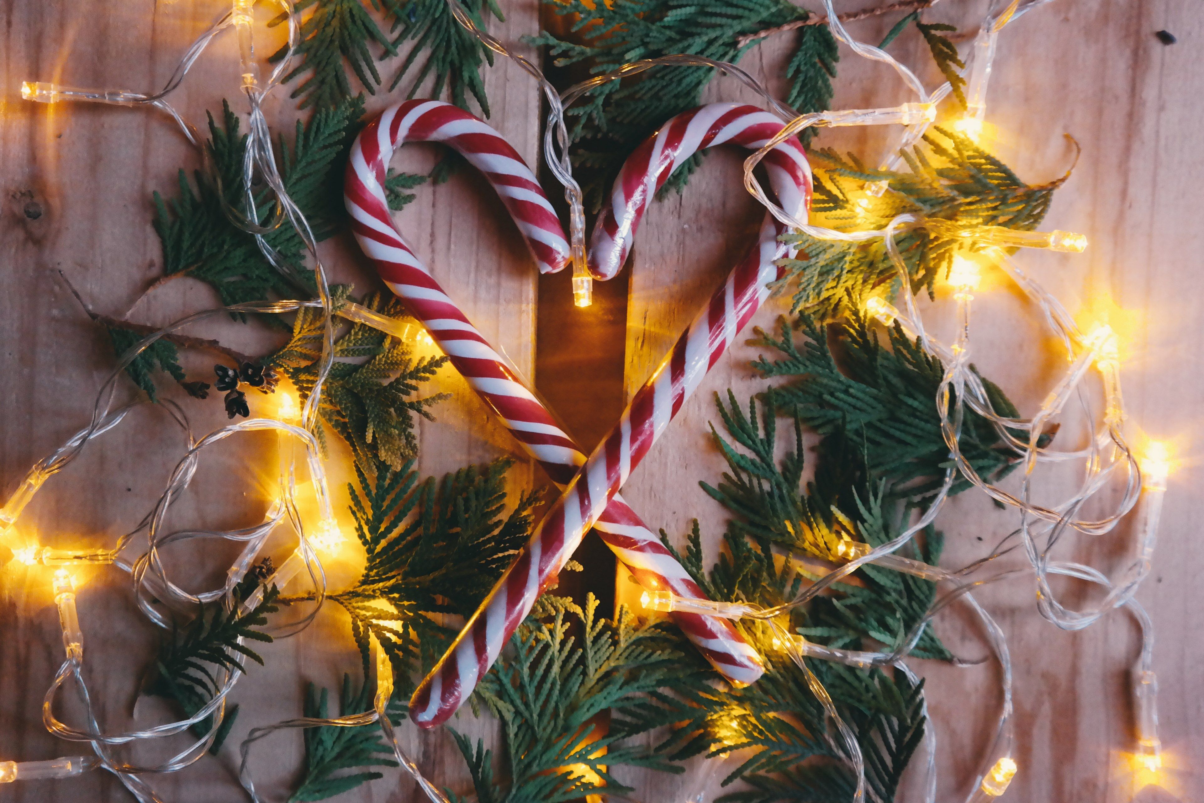 Wallpaper / candy canes sitting inside of a wreath surrounded by christmas lights, _wreath with candy canes 4k wallpaper free download