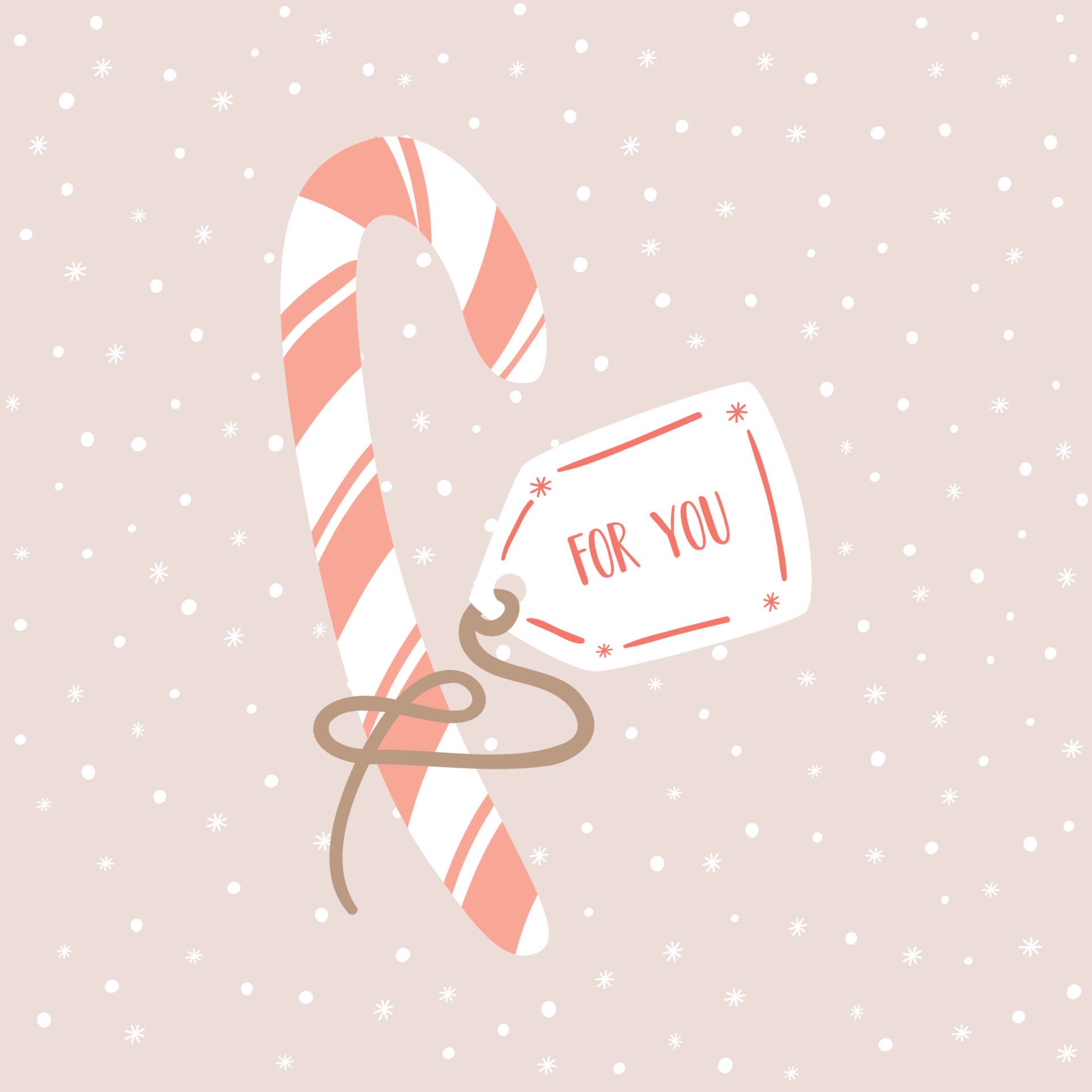 Christmas candy cane sweet stick. Christmas greeting card For you. Hand drawn pink Christmas or New Year festive sweet candy. White cane with pink stripes postcard. Vector illustration Vector Art