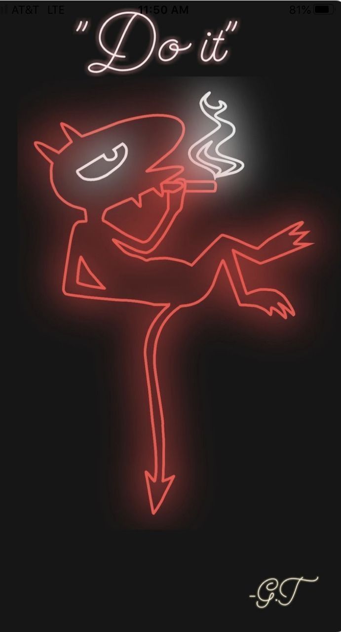 A neon sign of a devil smoking a cigarette with the text 