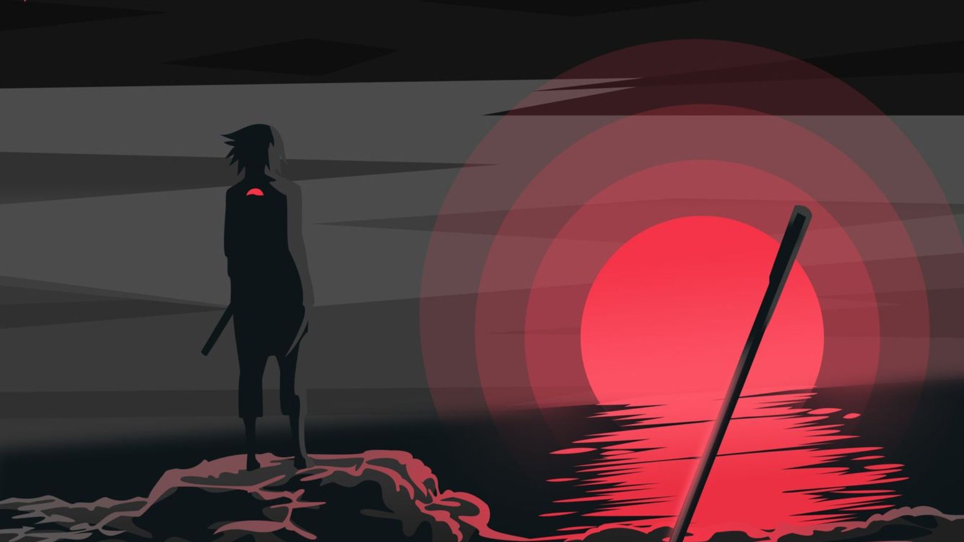 A silhouette of a person standing on a rock in front of a red sun - Sasuke Uchiha