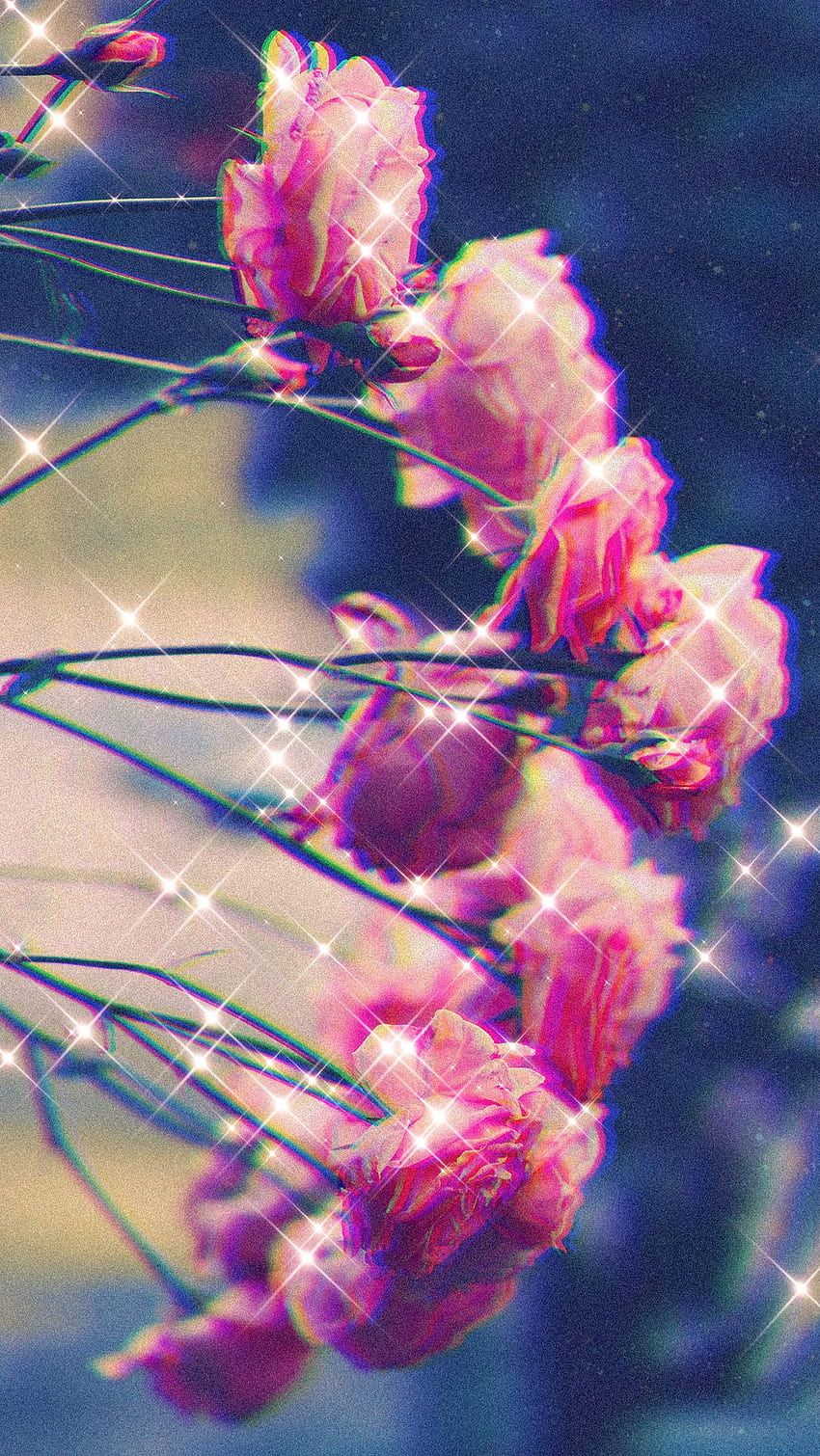 Aesthetic background of pink flowers with sparkles - Android