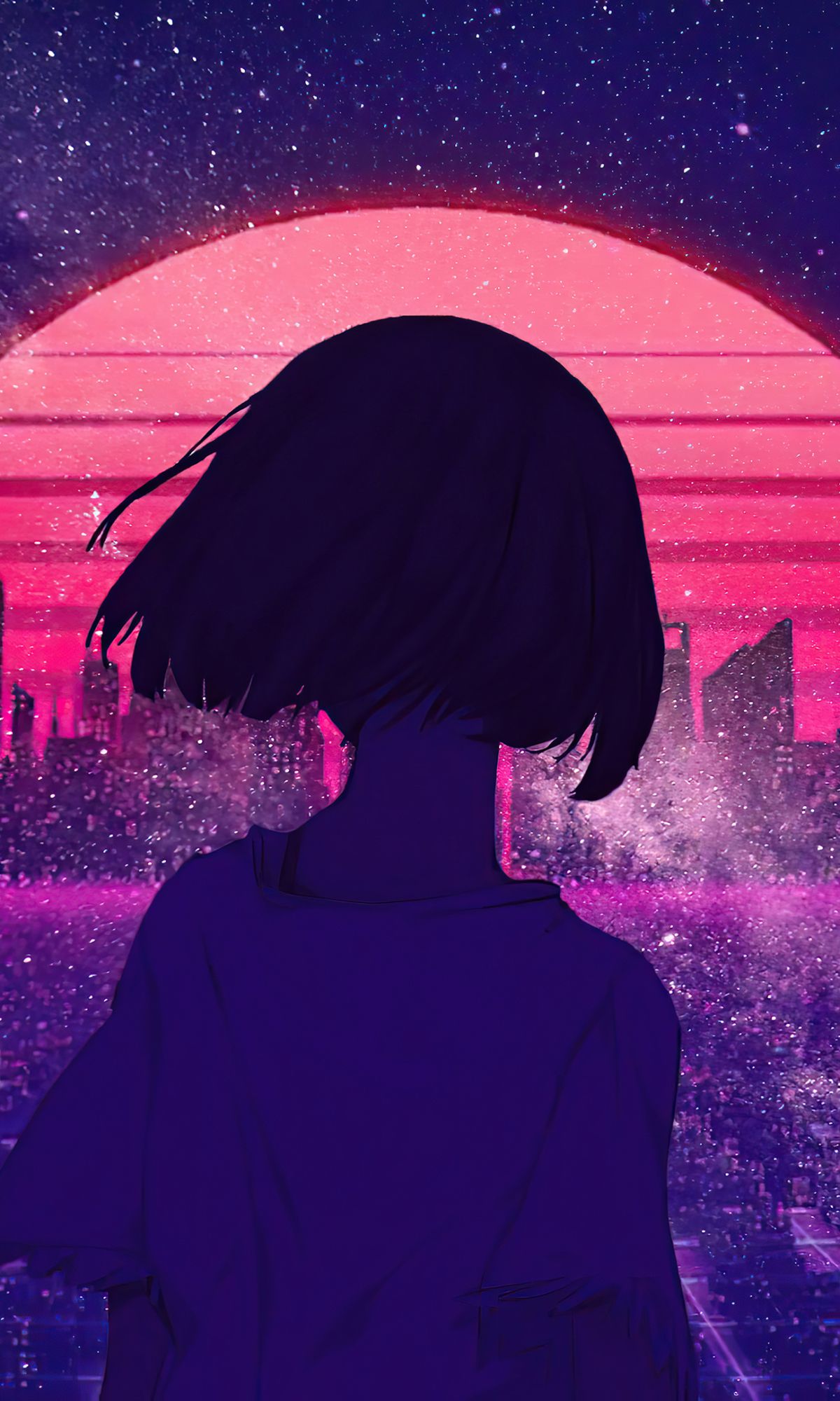 Aesthetic anime girl looking at the city wallpaper 1242x2688 for iPhone 12 Pro Max - Synthwave