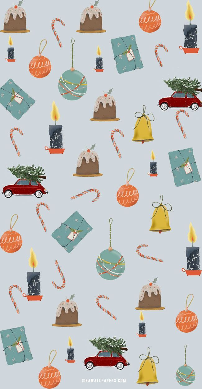 Cute Christmas Wallpaper Ideas for Phones : Christmas Pudding, Bauble + Candy Cane Wallpaper