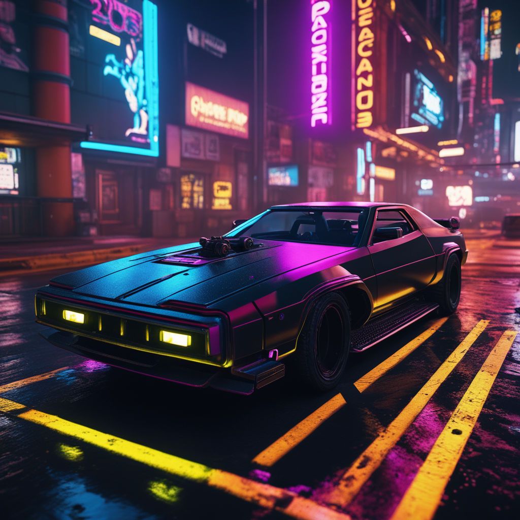 A cyberpunk car with purple and pink lights parked in a street - Synthwave