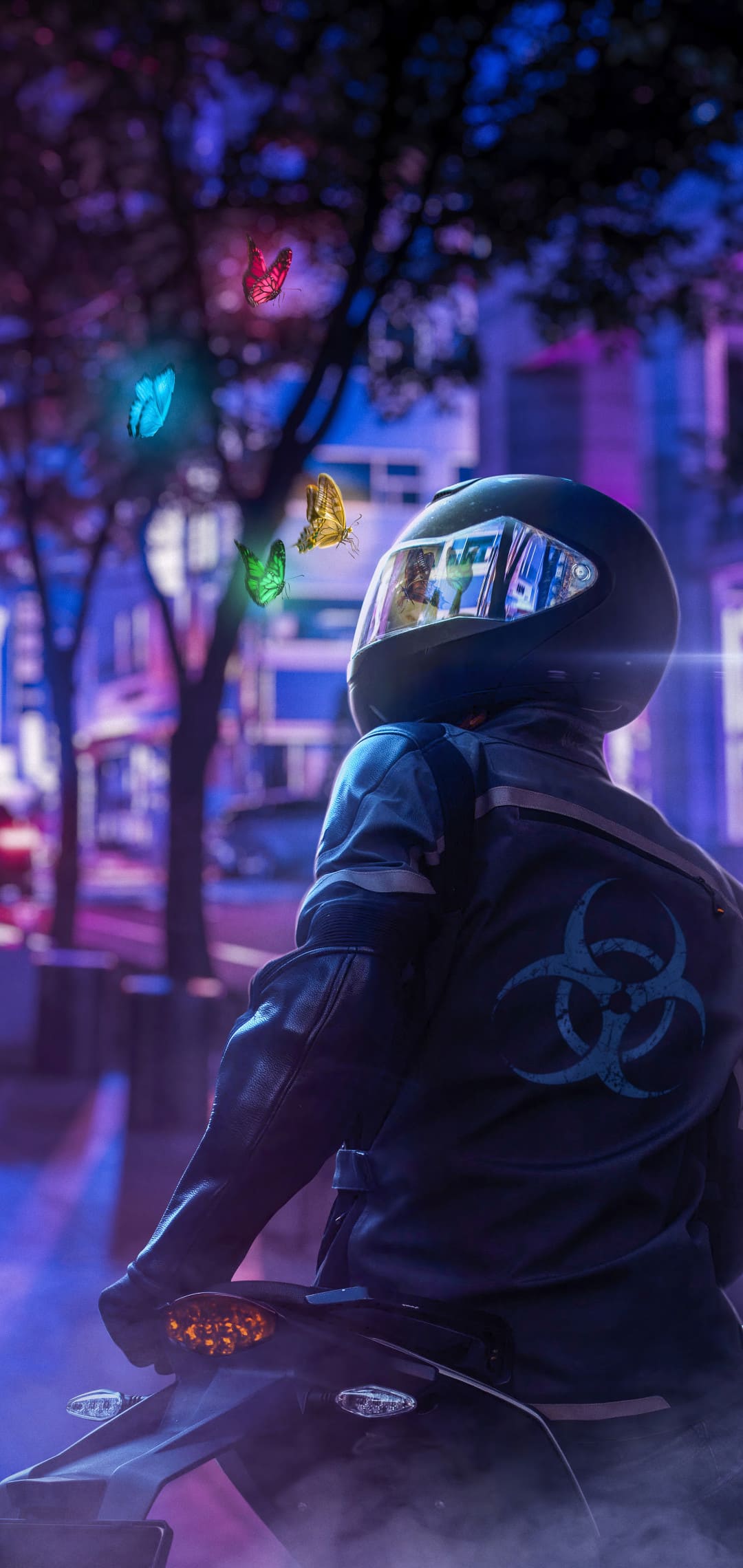 A man in a helmet on a motorcycle with neon butterflies around him - Cool