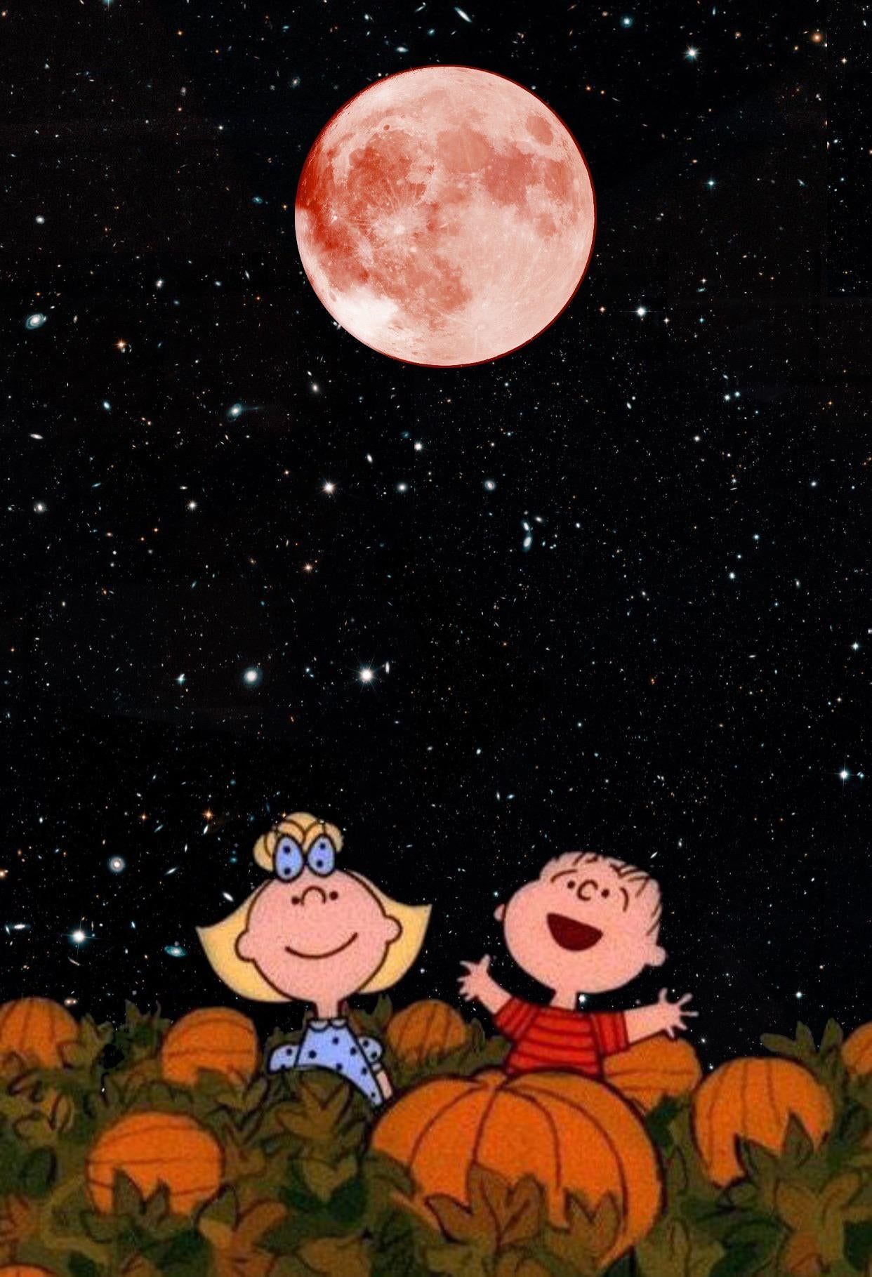 Two children looking up at the sky with a full moon - Charlie Brown