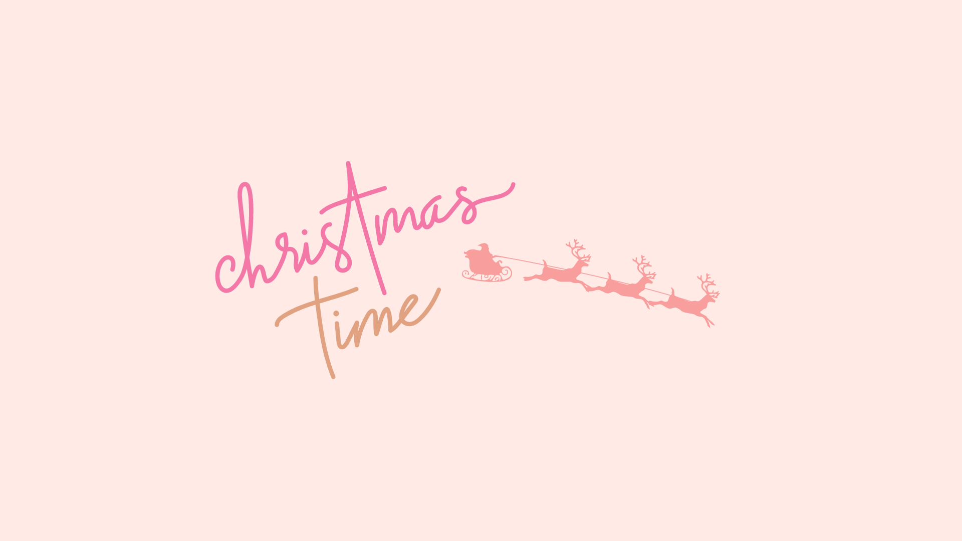 A light pink background with the words Christmas Time written in a similar pink font. Below is a drawing of Santa Claus in a sleigh being pulled by reindeer. - Candy cane, cute Christmas