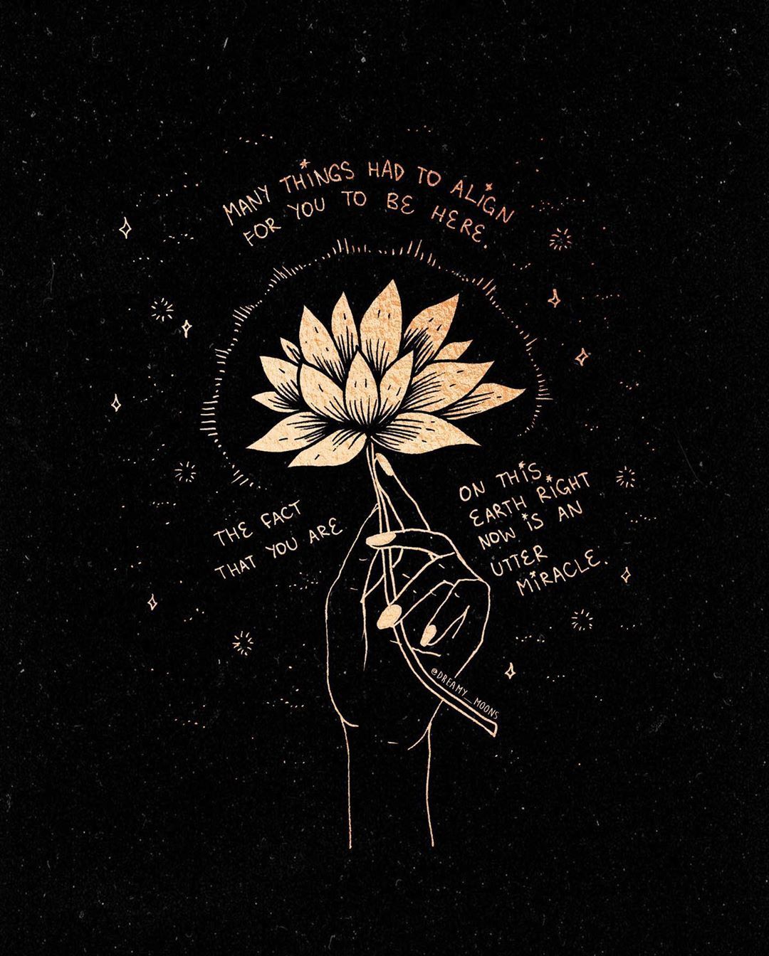 A hand holding a lotus flower with the words 