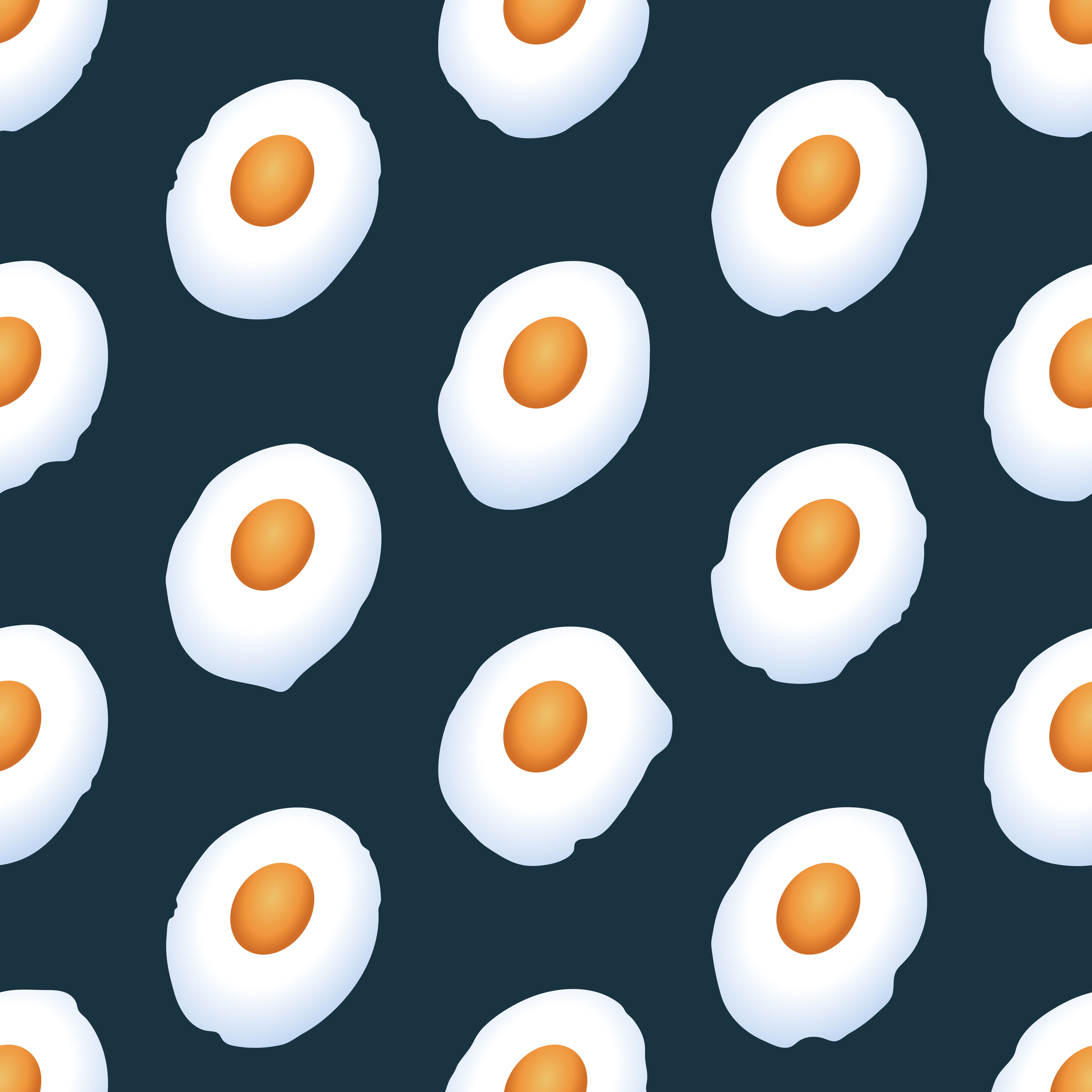 Fried eggs flat vector seamless pattern. Morning food, fast cooking dish on dark background. Healthy breakfast. Natural organic farm product