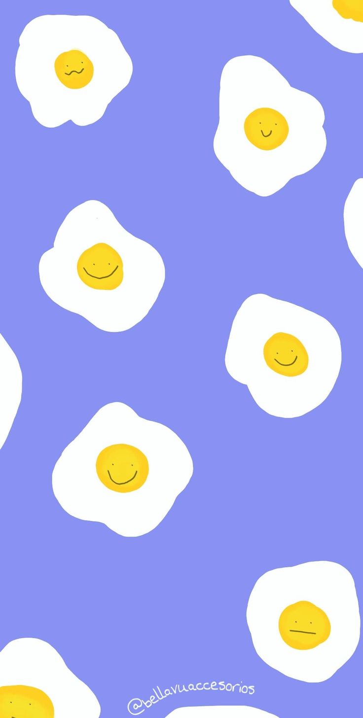 A purple background with ten fried eggs on it. - Egg