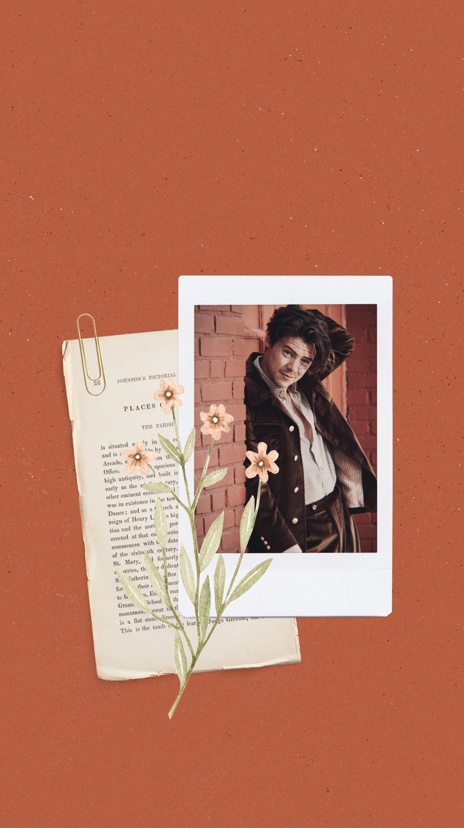 A collage of a man in a suit, a book page, and a flower. - Harry Styles