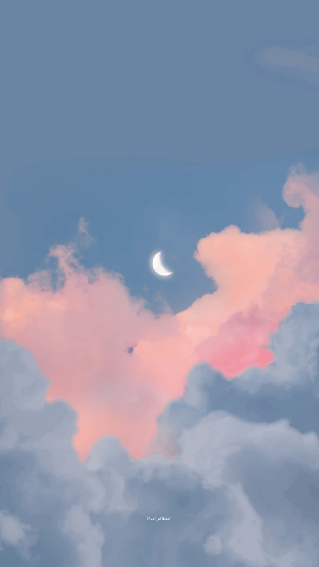 A crescent moon in a blue sky with pink clouds - Cloud