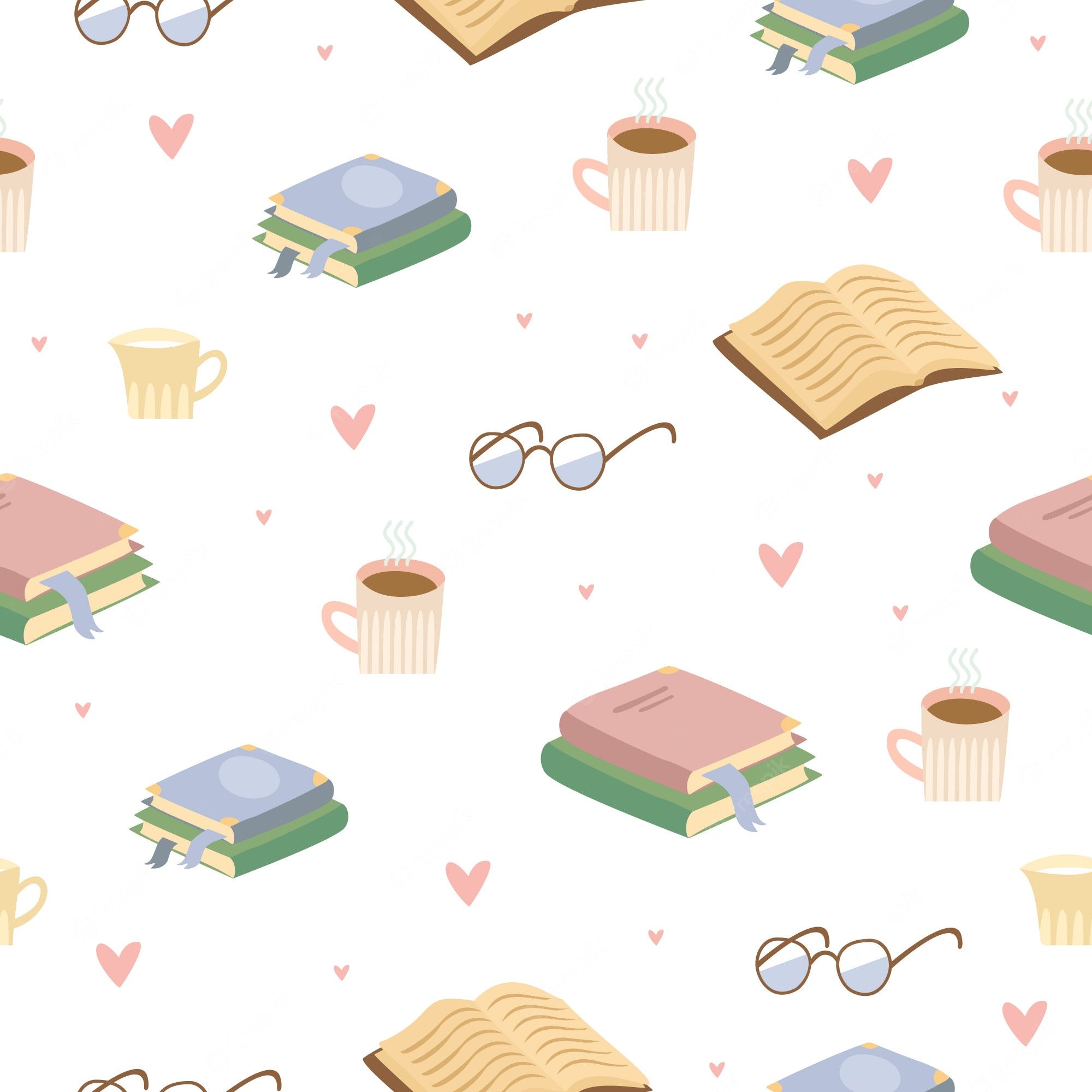 A pattern of books, cups of coffee, glasses, and hearts. - Books