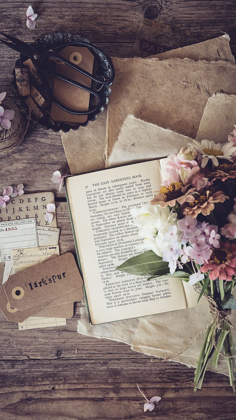 A book open to page 69 with flowers and an old book page with a letter on it - Books