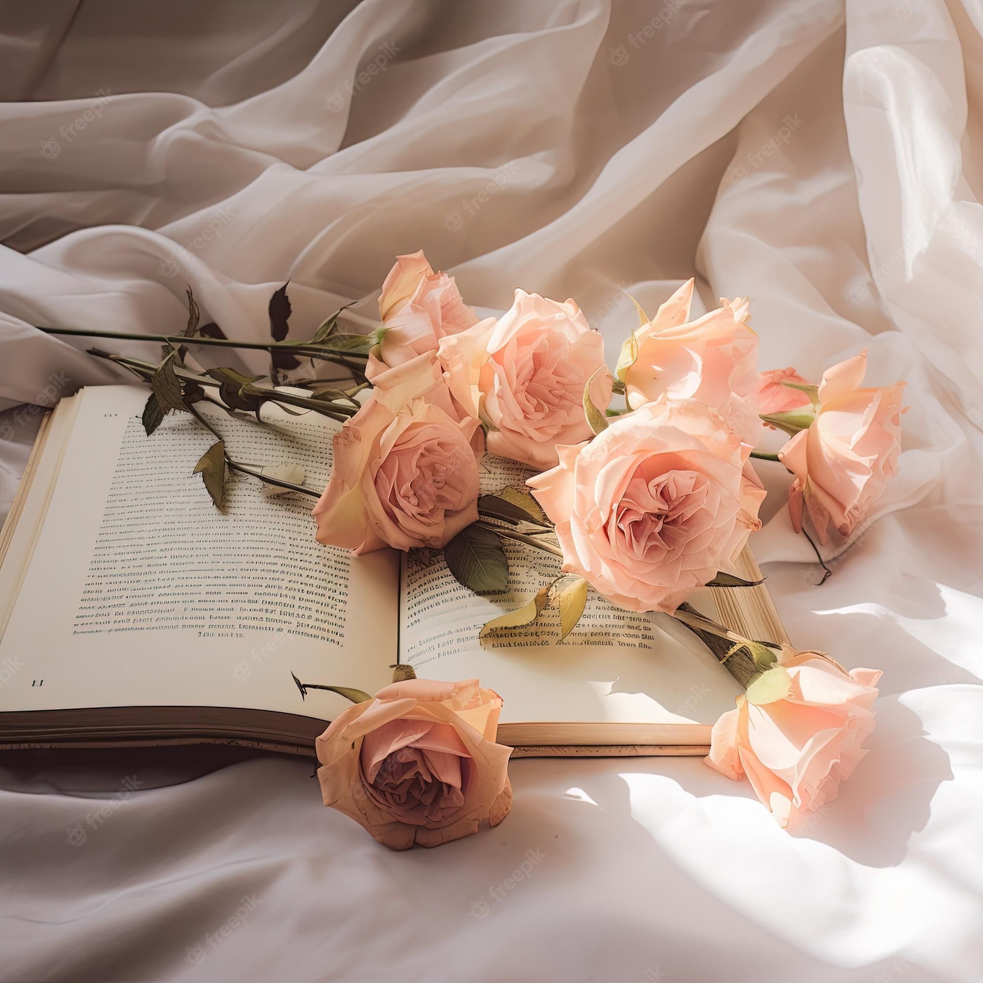 An open book with a bunch of pink roses on top of it - Books