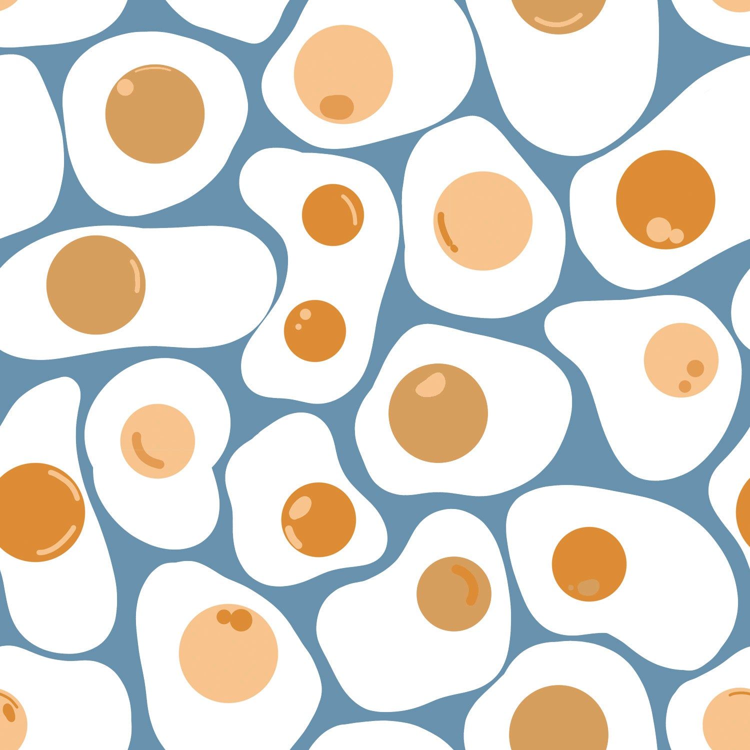 A pattern of white and brown fried eggs on a blue background - Egg