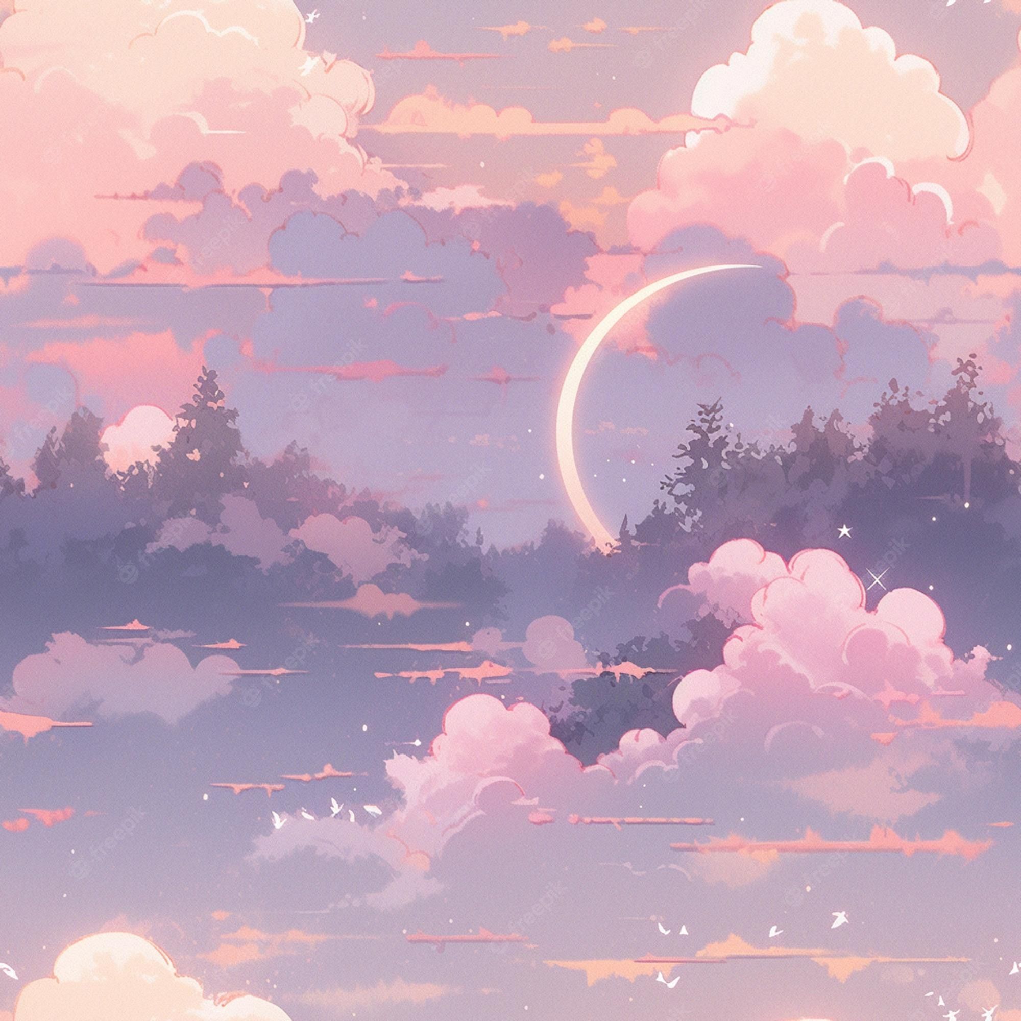 Aesthetic wallpaper background of pink clouds and the moon - Beautiful