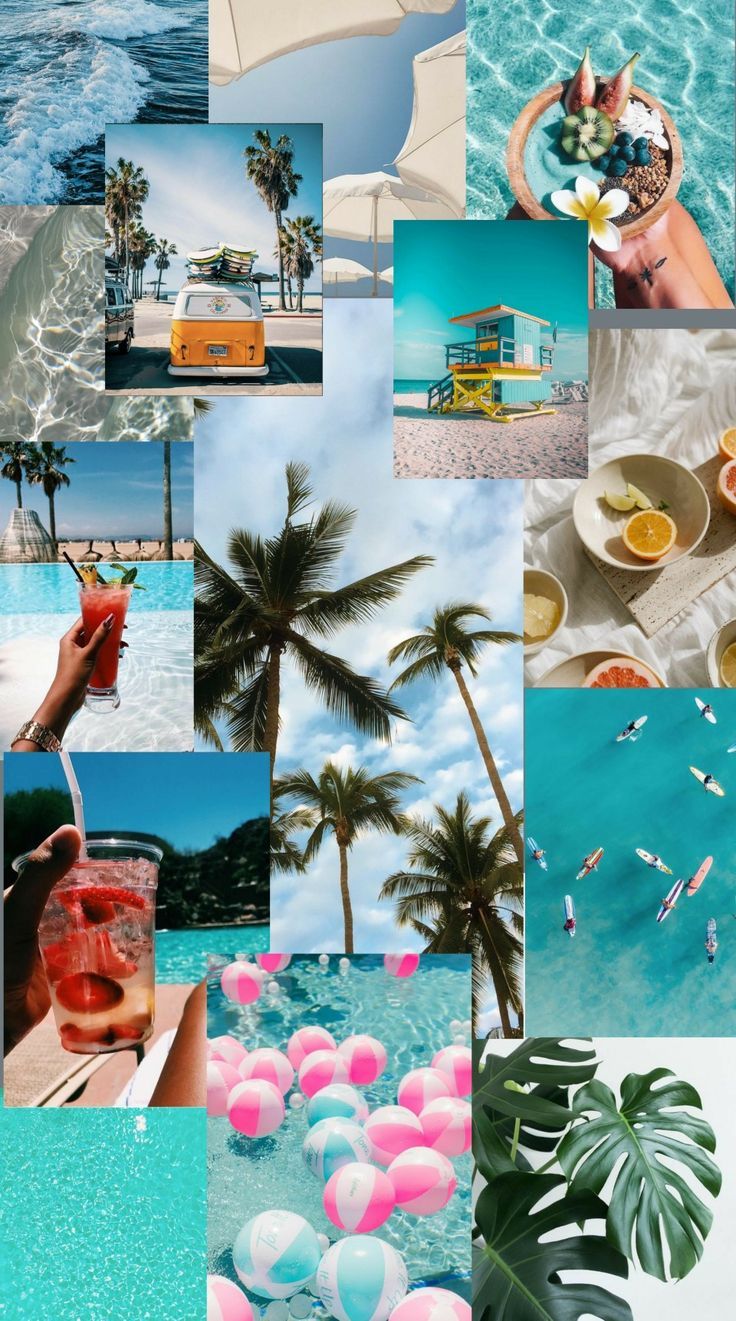 A collage of beach photos, palm trees, drinks, and fruit. - Summer