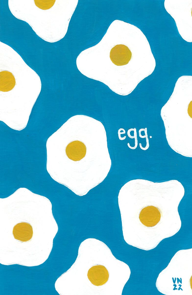 A painting of fried eggs against a blue background - Egg