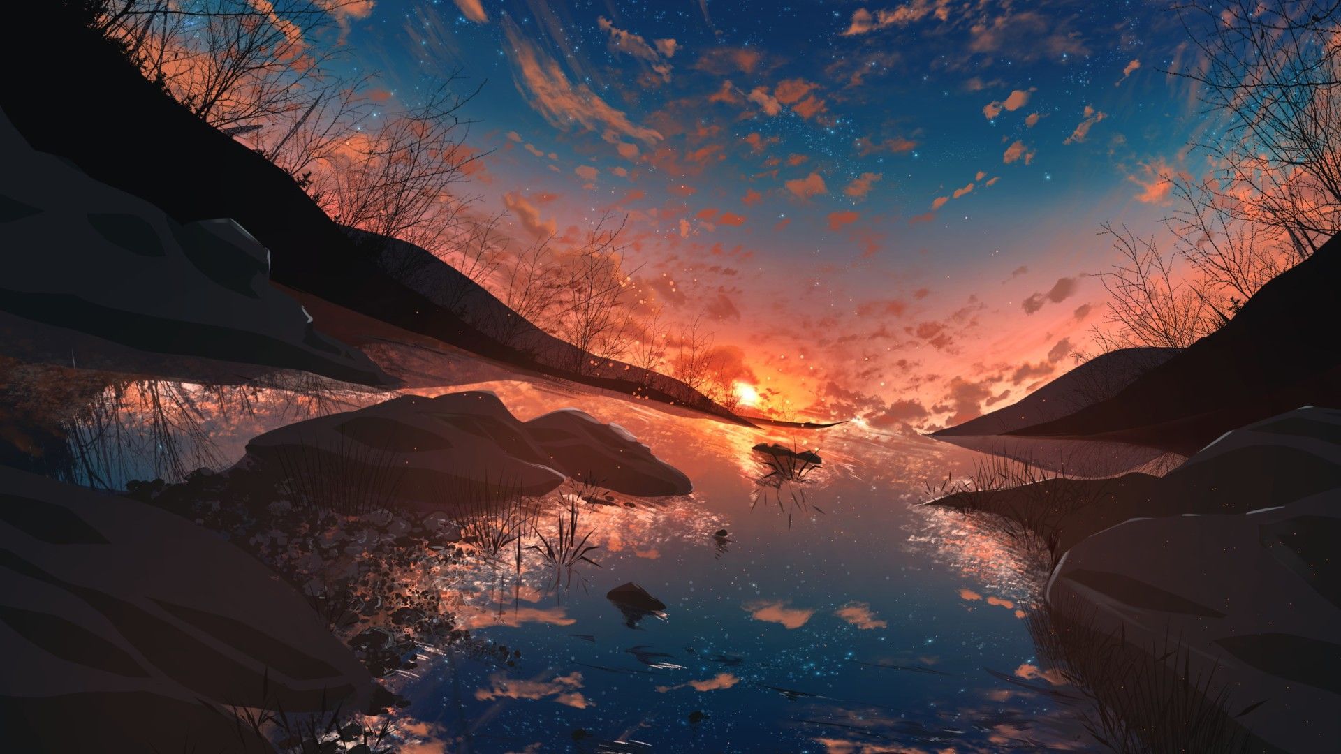 A beautiful sunset painting with a lake and mountains - Laptop