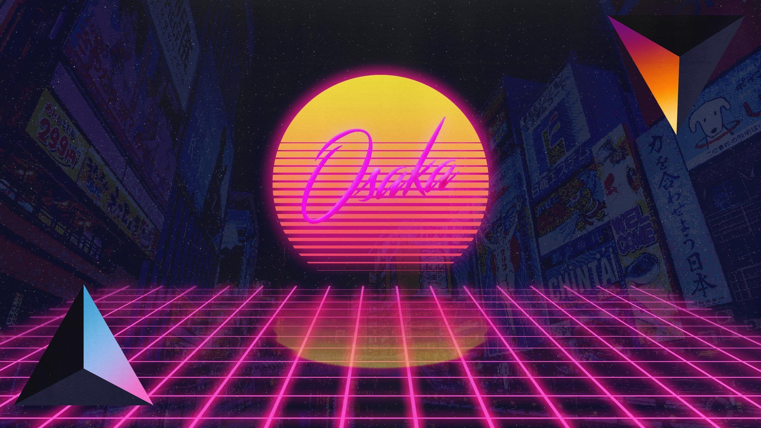 A synthwave wallpaper featuring a sunset with the word 